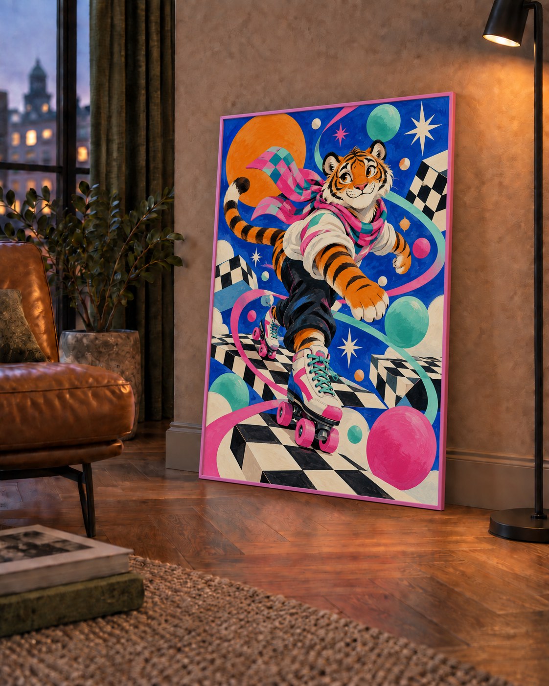 Retro Desenli Patenli Tiger Poster – Renkli Çizgi Film Stili — çerçeveli hâliyle bir ev duvarında