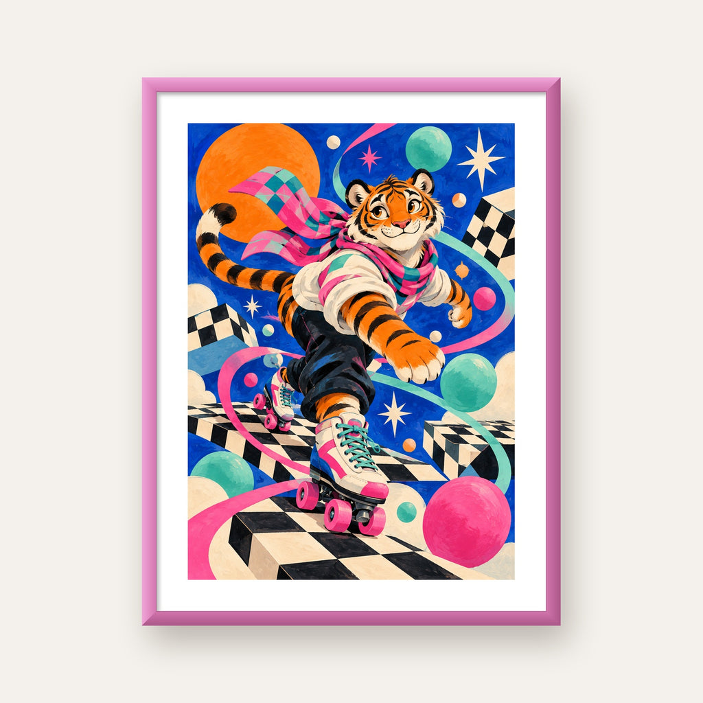 Retro Desenli Patenli Tiger Poster – Renkli Çizgi Film Stili — pembe çerçeveli paspartulu