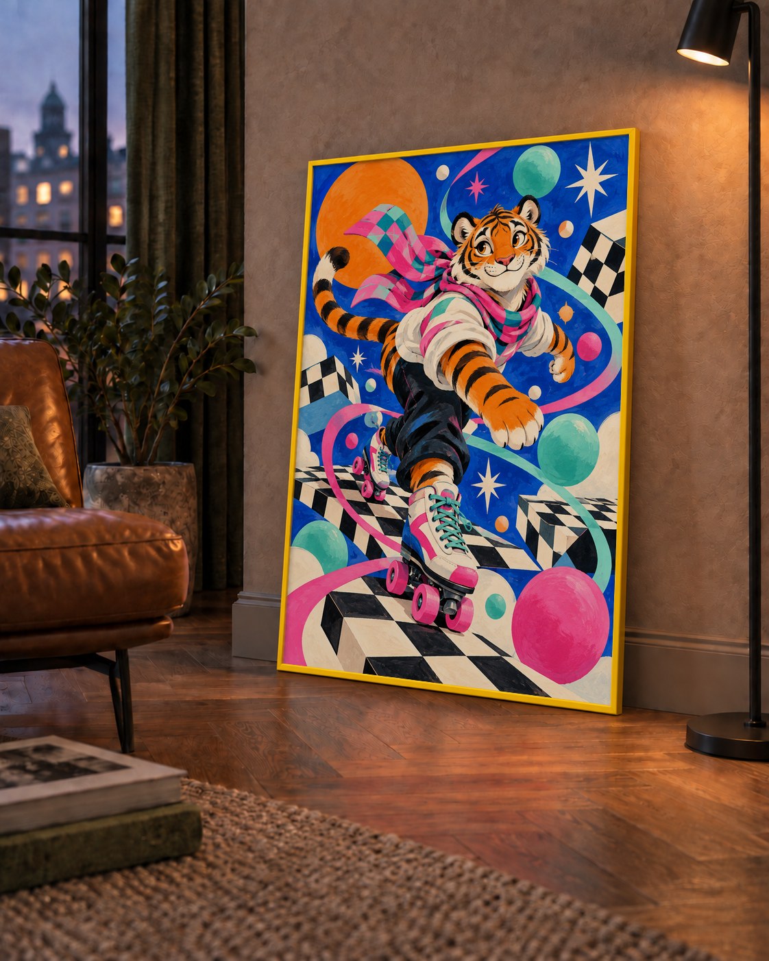 Retro Desenli Patenli Tiger Poster – Renkli Çizgi Film Stili — çerçeveli hâliyle bir ev duvarında