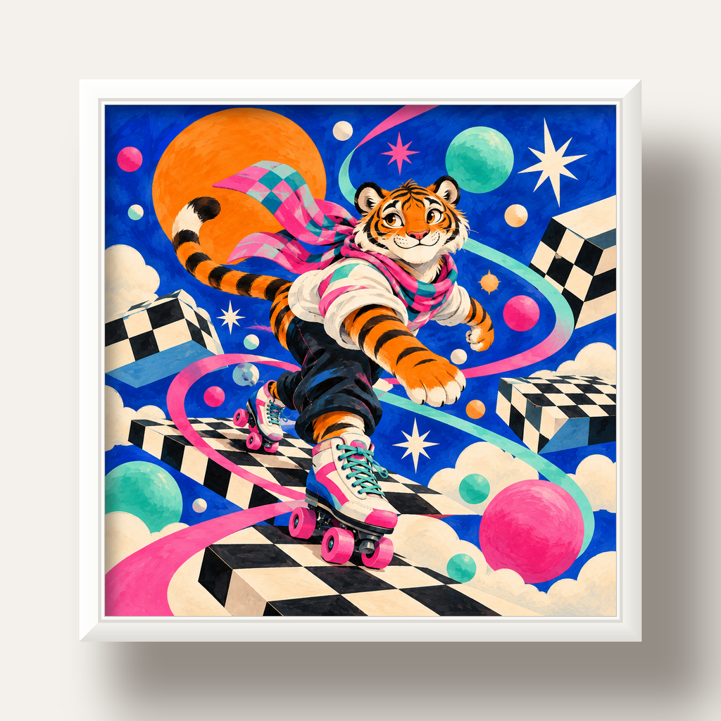 Retro Desenli Patenli Tiger Poster – Renkli Çizgi Film Stili — beyaz derin çerçeveli