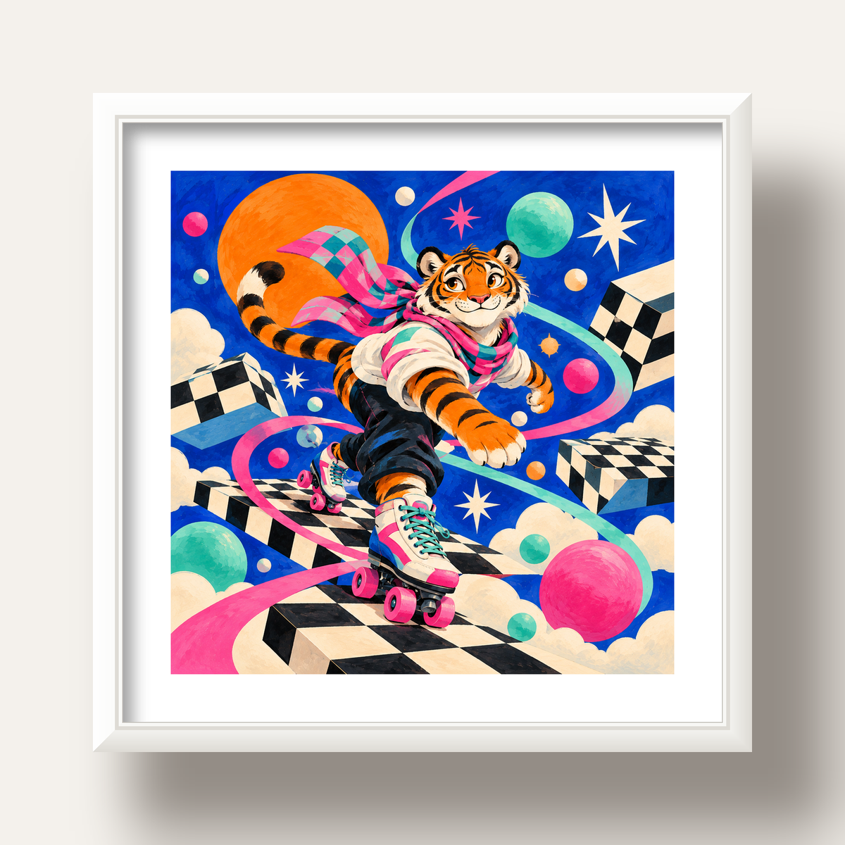 Retro Desenli Patenli Tiger Poster – Renkli Çizgi Film Stili — beyaz derin çerçeveli paspartulu