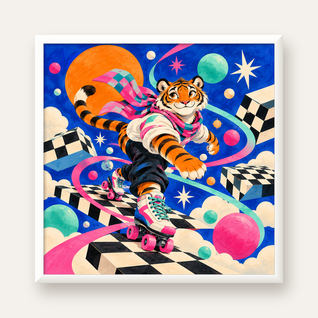 Retro Desenli Patenli Tiger Poster – Renkli Çizgi Film Stili — beyaz çerçeveli kare poster