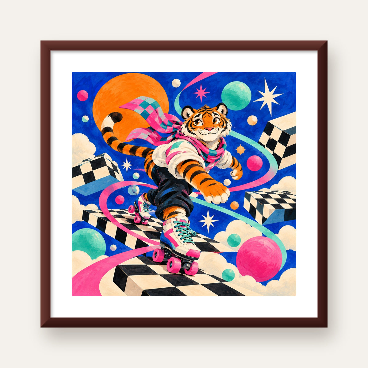Retro Desenli Patenli Tiger Poster – Renkli Çizgi Film Stili — ceviz çerçeveli paspartulu