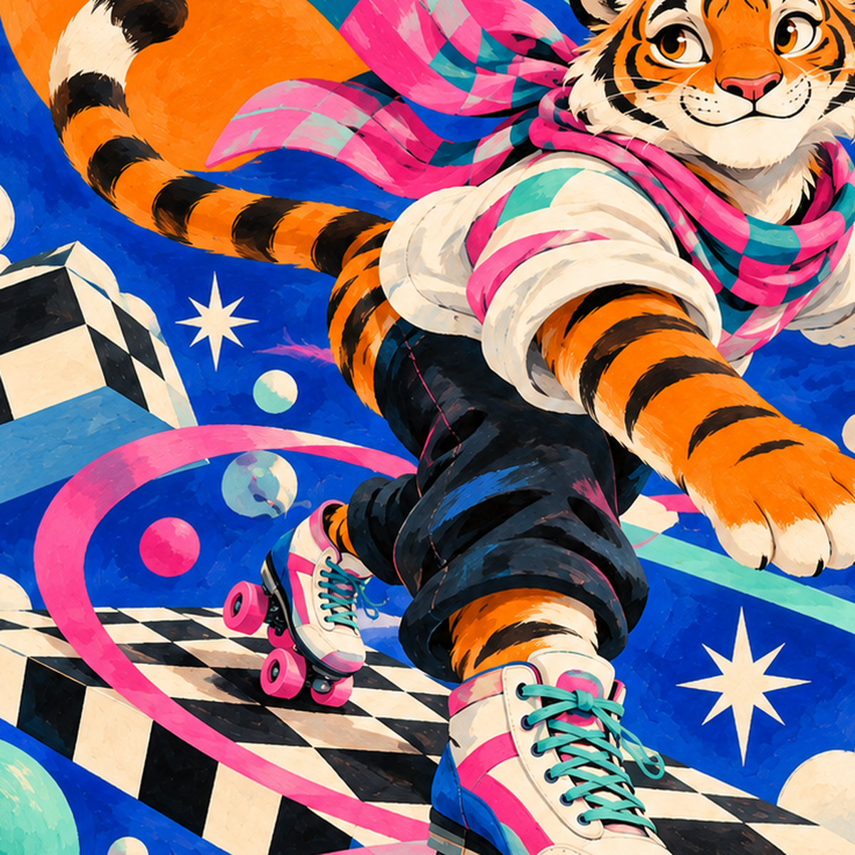 Retro Desenli Patenli Tiger Poster – Renkli Çizgi Film Stili — baskının yakın çekimi, kâğıt dokusu ve renk detayı