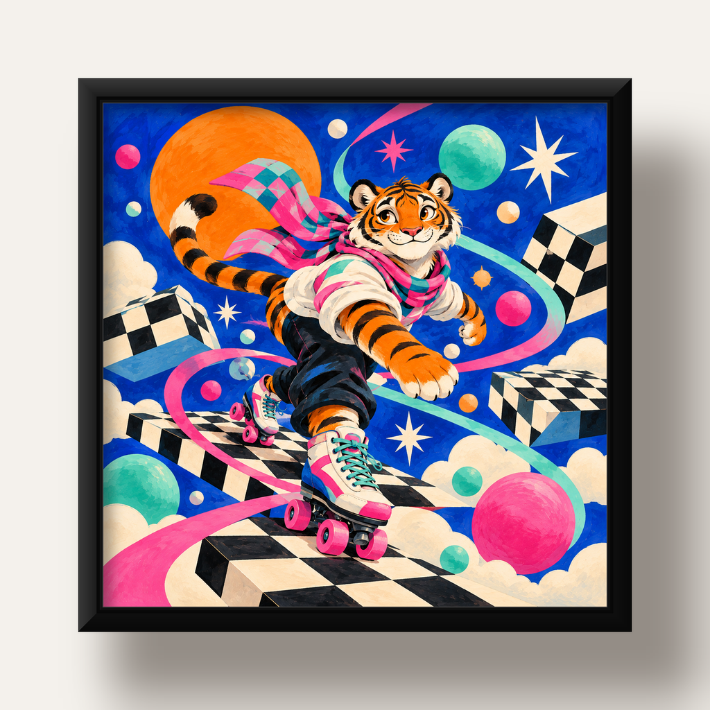Retro Desenli Patenli Tiger Poster – Renkli Çizgi Film Stili — siyah derin çerçeveli