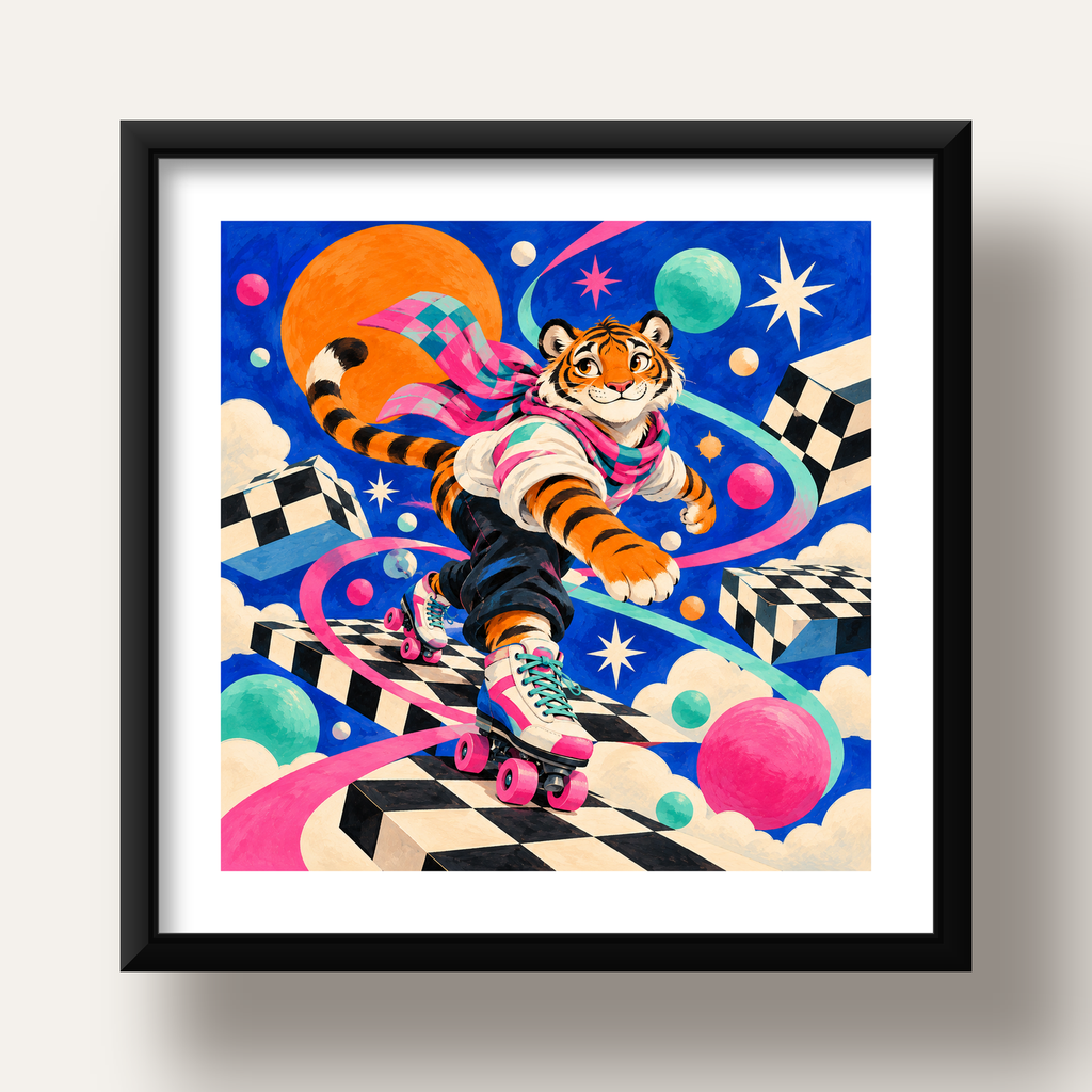 Retro Desenli Patenli Tiger Poster – Renkli Çizgi Film Stili — siyah derin çerçeveli paspartulu