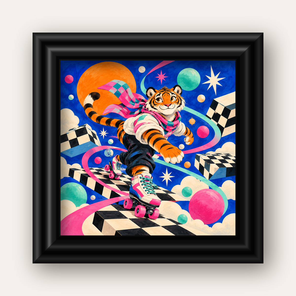 Retro Desenli Patenli Tiger Poster – Renkli Çizgi Film Stili — siyah galeri çerçeveli