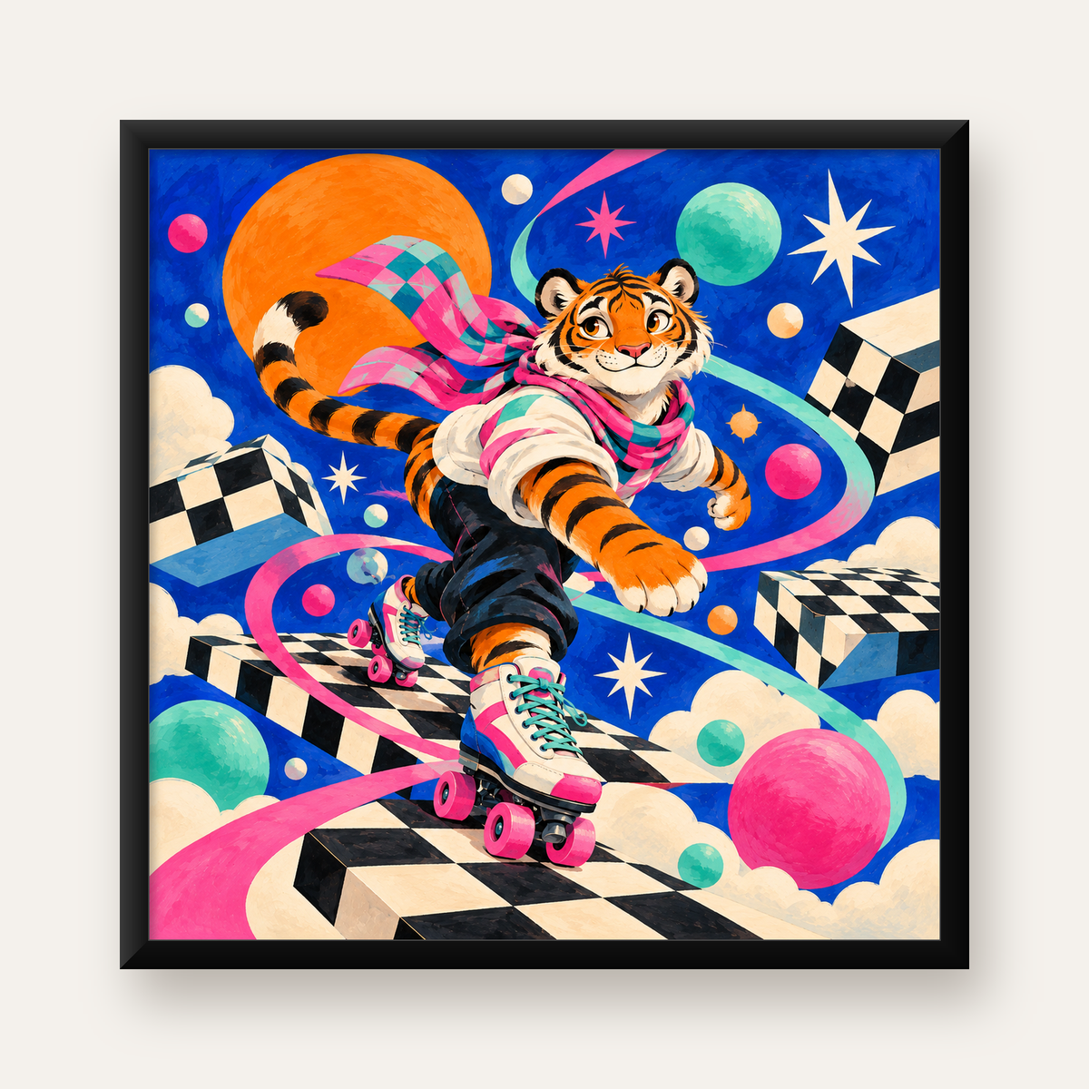 Retro Desenli Patenli Tiger Poster – Renkli Çizgi Film Stili — Kare baskı, düz siyah çerçeveli duvar posteri