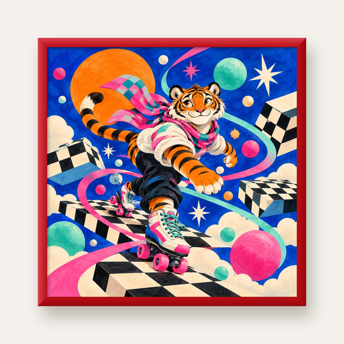 Retro Desenli Patenli Tiger Poster – Renkli Çizgi Film Stili — kırmızı çerçeveli