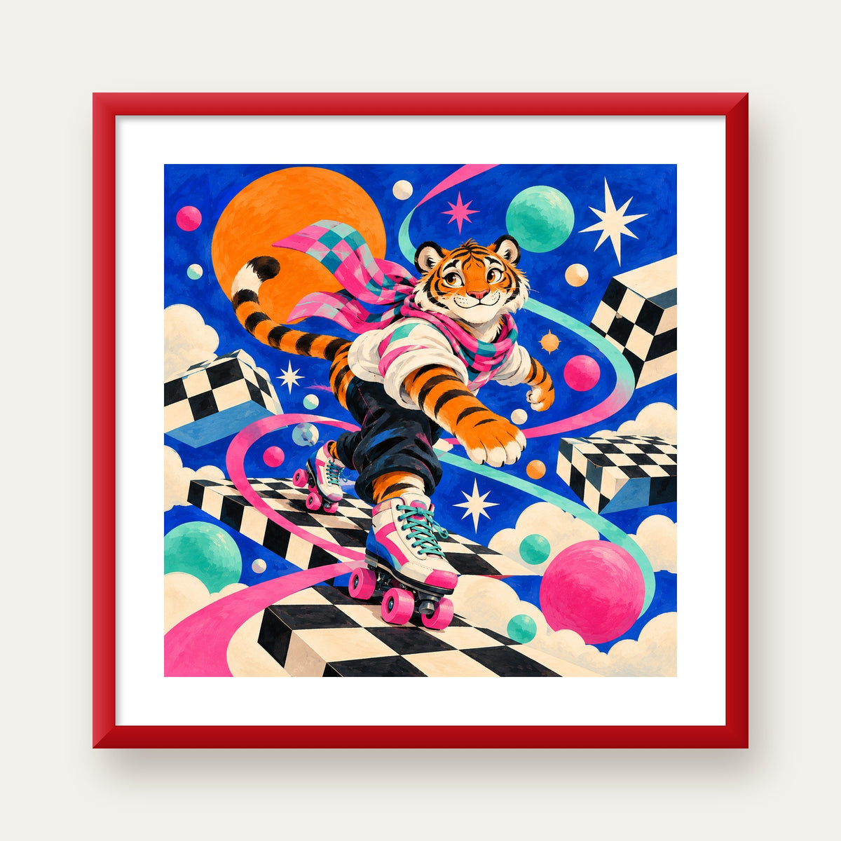 Retro Desenli Patenli Tiger Poster – Renkli Çizgi Film Stili — kırmızı çerçeveli paspartulu
