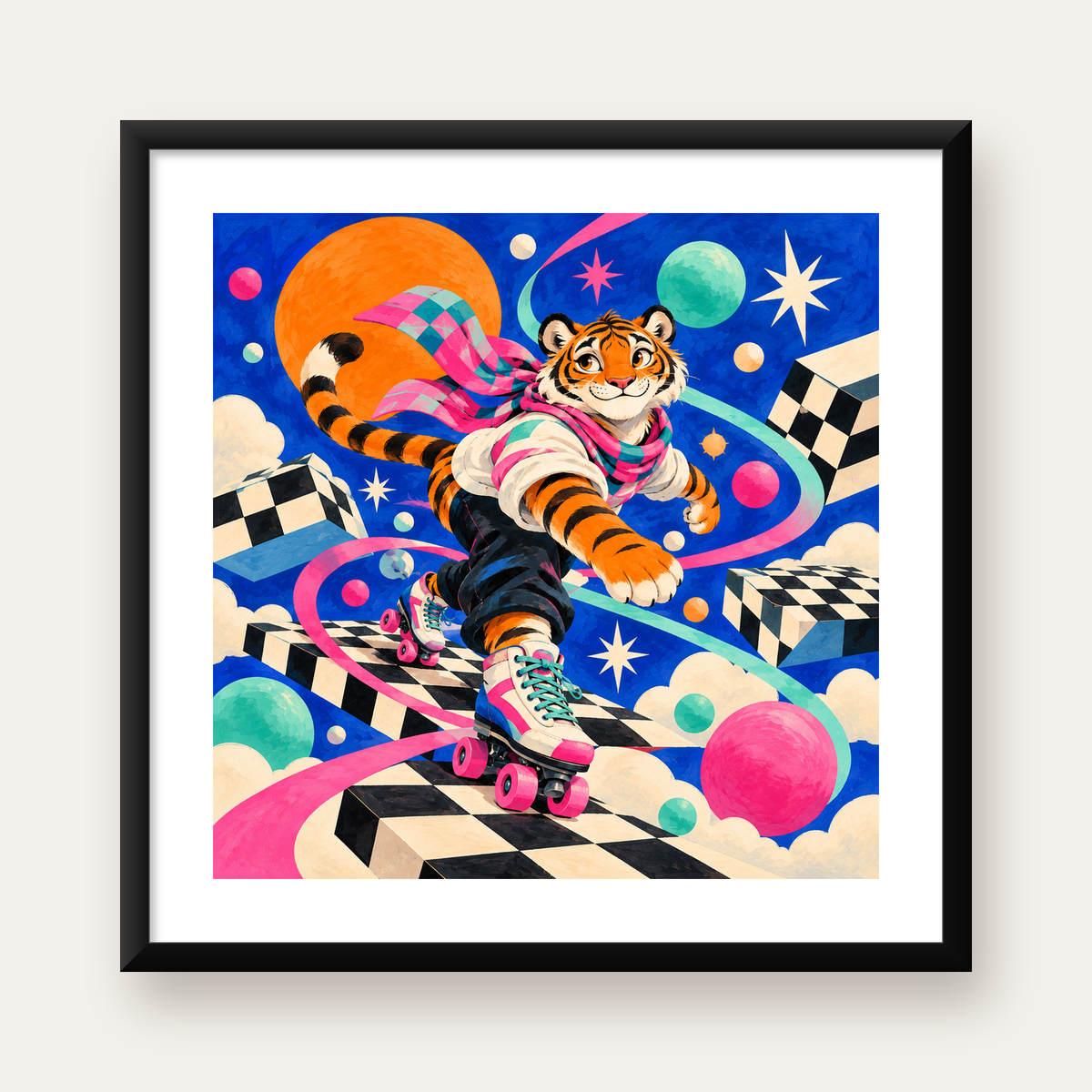 Retro Desenli Patenli Tiger Poster – Renkli Çizgi Film Stili — Kare baskı, beyaz paspartulu