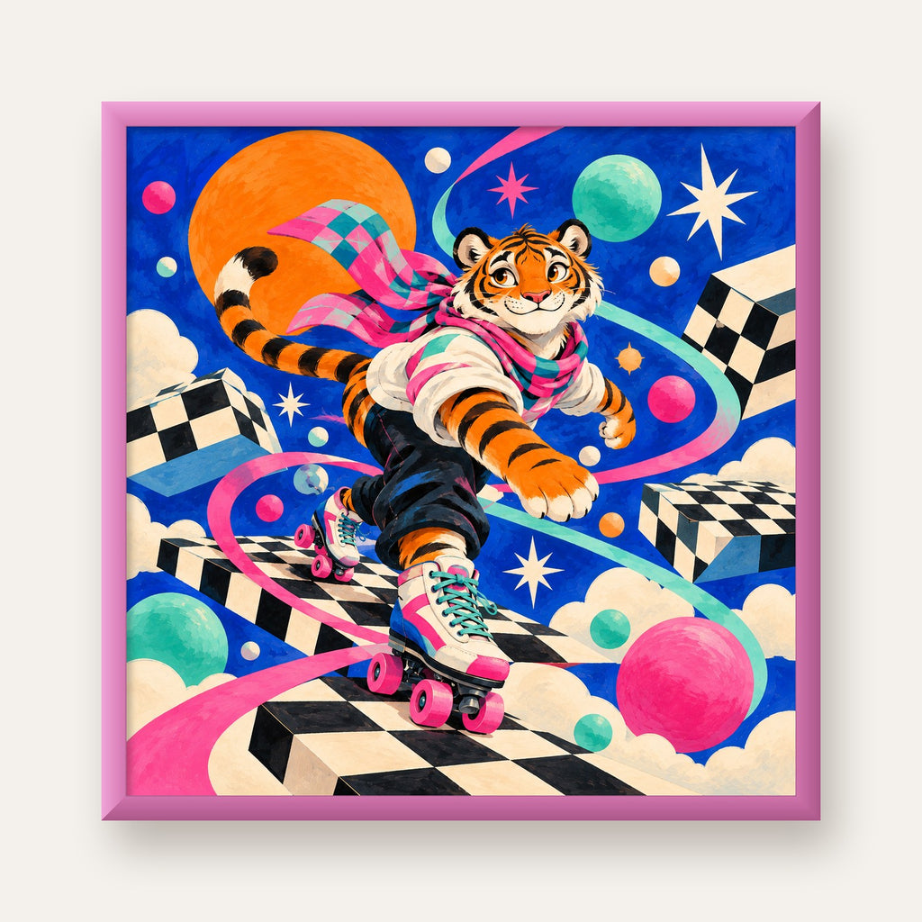 Retro Desenli Patenli Tiger Poster – Renkli Çizgi Film Stili — pembe çerçeveli