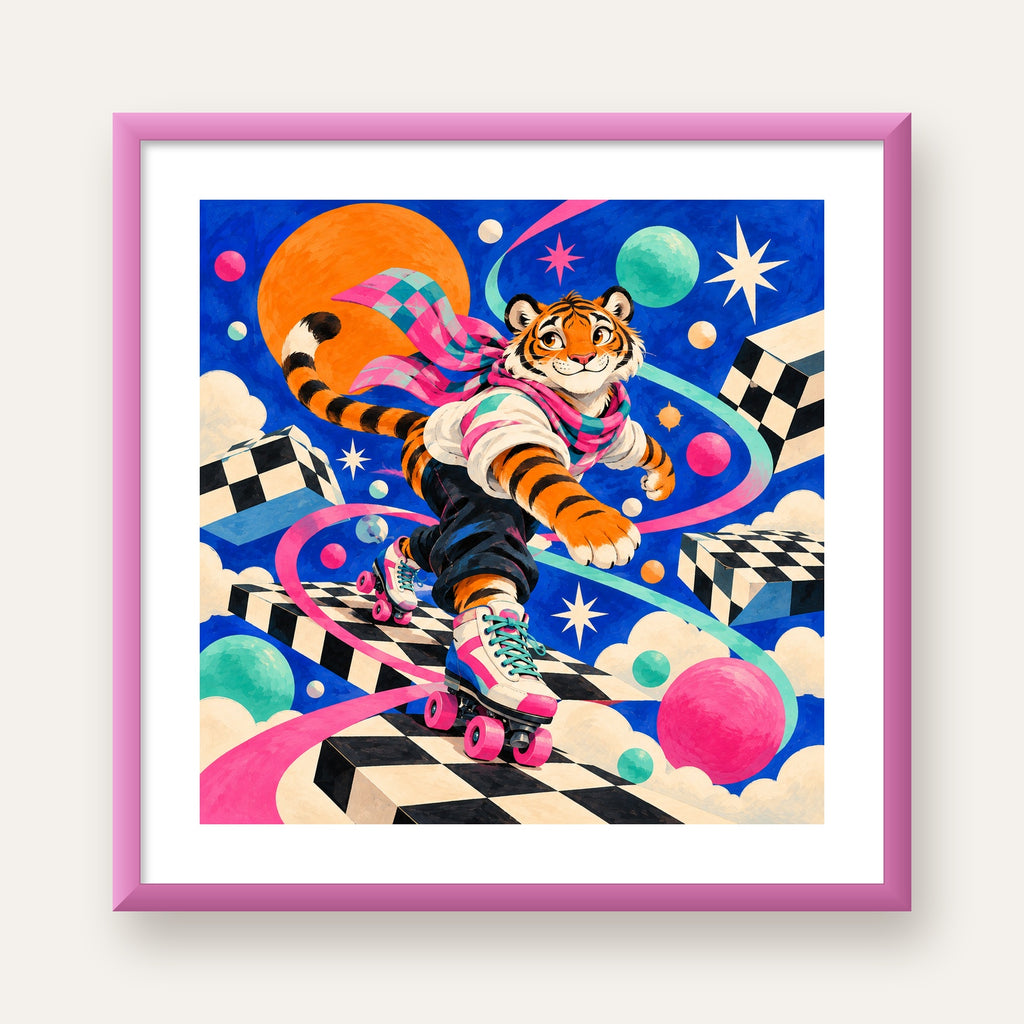 Retro Desenli Patenli Tiger Poster – Renkli Çizgi Film Stili — pembe çerçeveli paspartulu