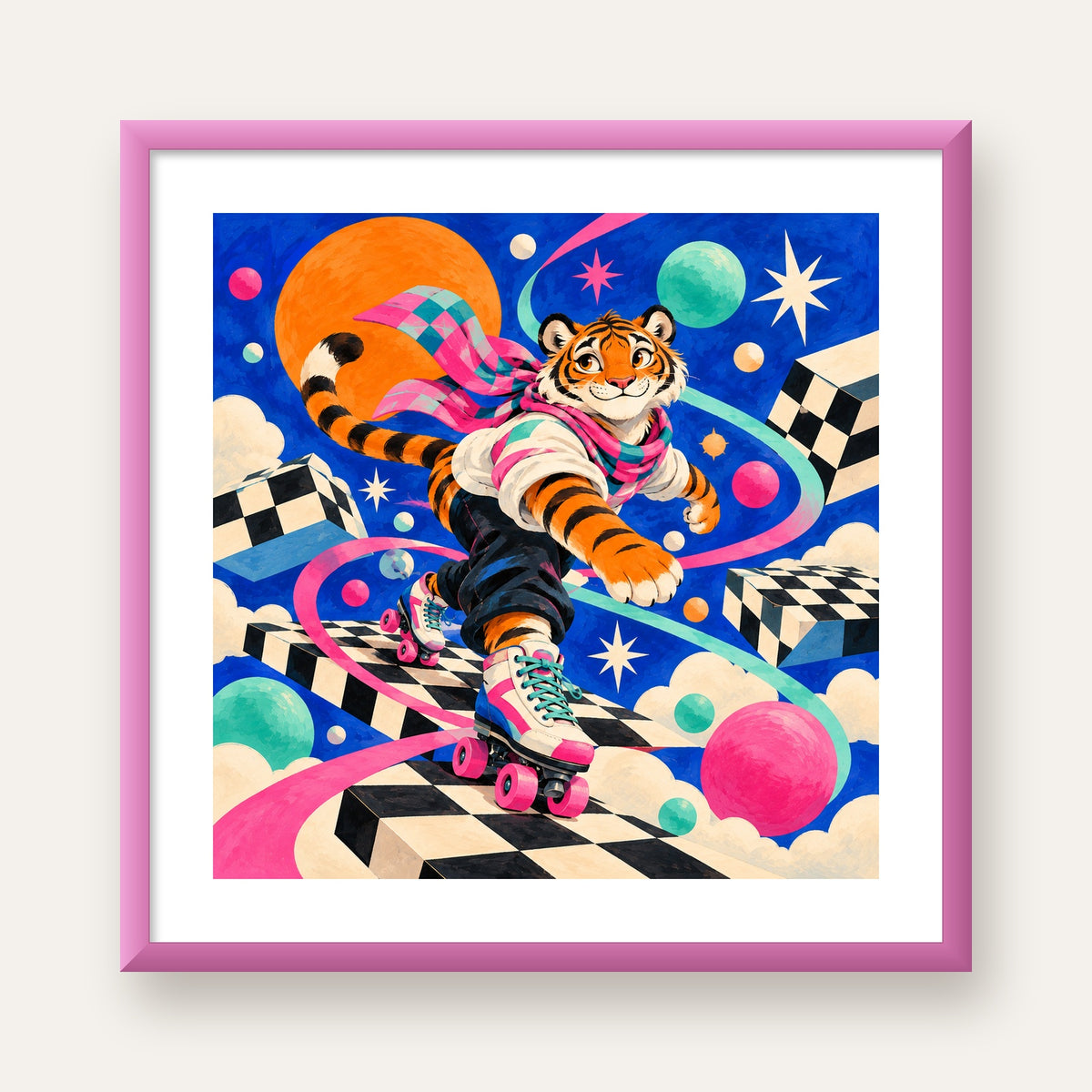 Retro Desenli Patenli Tiger Poster – Renkli Çizgi Film Stili — pembe çerçeveli paspartulu