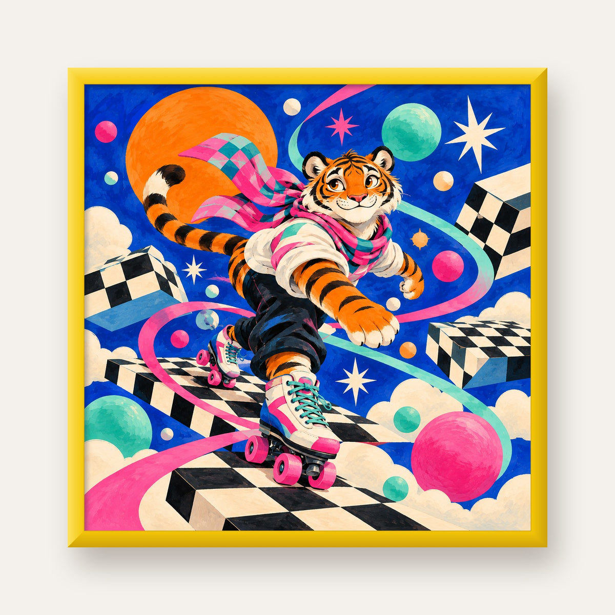 Retro Desenli Patenli Tiger Poster – Renkli Çizgi Film Stili — sarı çerçeveli