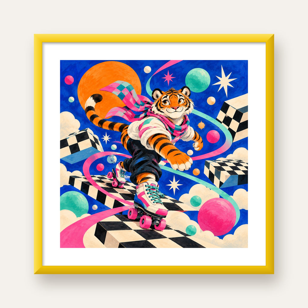 Retro Desenli Patenli Tiger Poster – Renkli Çizgi Film Stili — sarı çerçeveli paspartulu