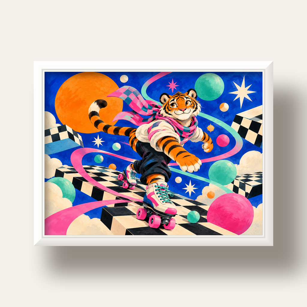 Retro Desenli Patenli Tiger Poster – Renkli Çizgi Film Stili — beyaz derin çerçeveli
