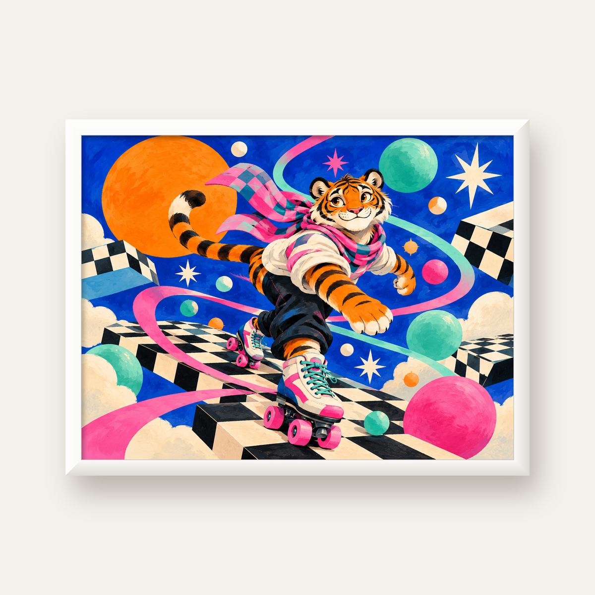 Retro Desenli Patenli Tiger Poster – Renkli Çizgi Film Stili — beyaz çerçeveli yatay poster