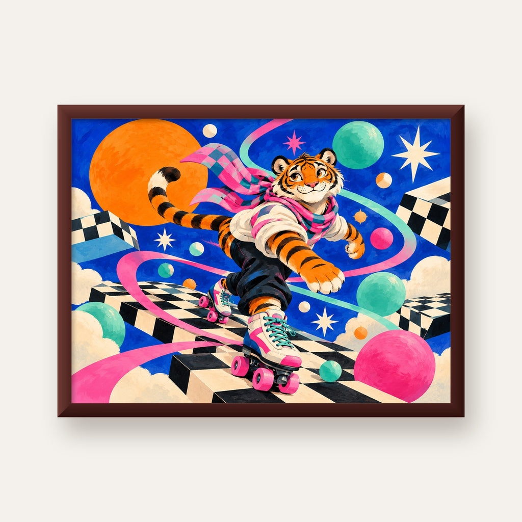 Retro Desenli Patenli Tiger Poster – Renkli Çizgi Film Stili — ceviz çerçeveli