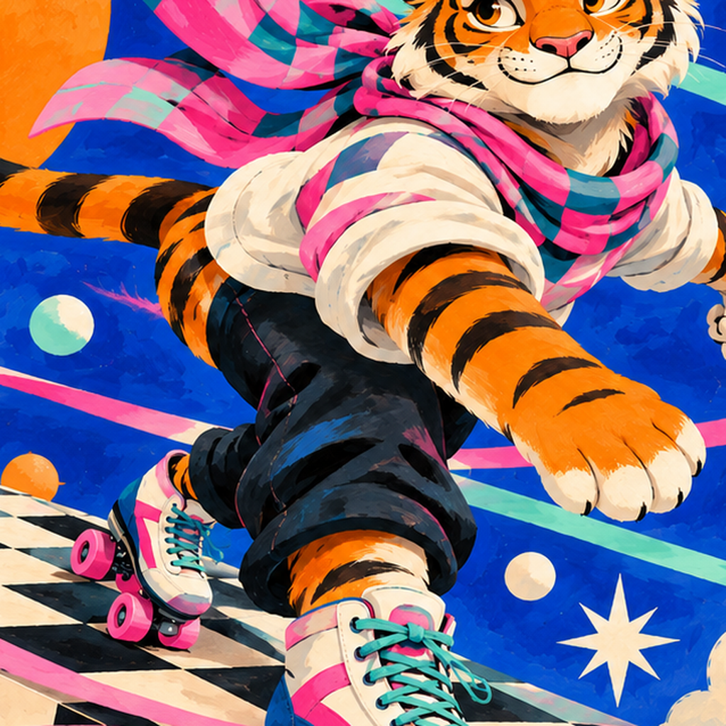 Retro Desenli Patenli Tiger Poster – Renkli Çizgi Film Stili — baskının yakın çekimi, kâğıt dokusu ve renk detayı