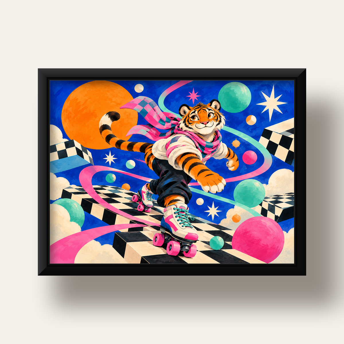 Retro Desenli Patenli Tiger Poster – Renkli Çizgi Film Stili — siyah derin çerçeveli
