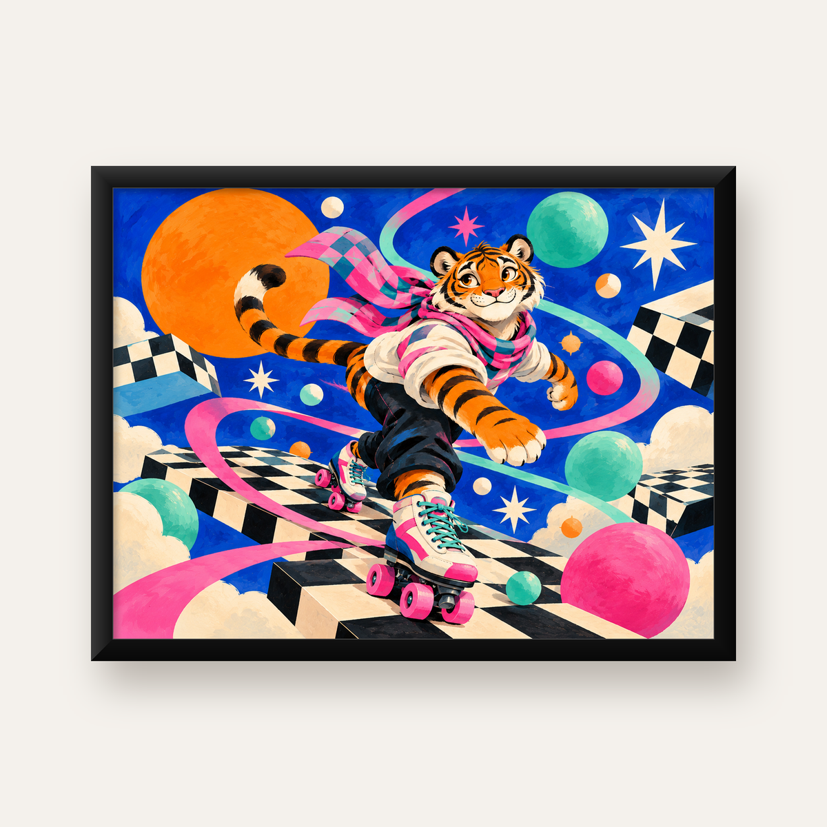 Retro Desenli Patenli Tiger Poster – Renkli Çizgi Film Stili — Yatay baskı, düz siyah çerçeveli duvar posteri