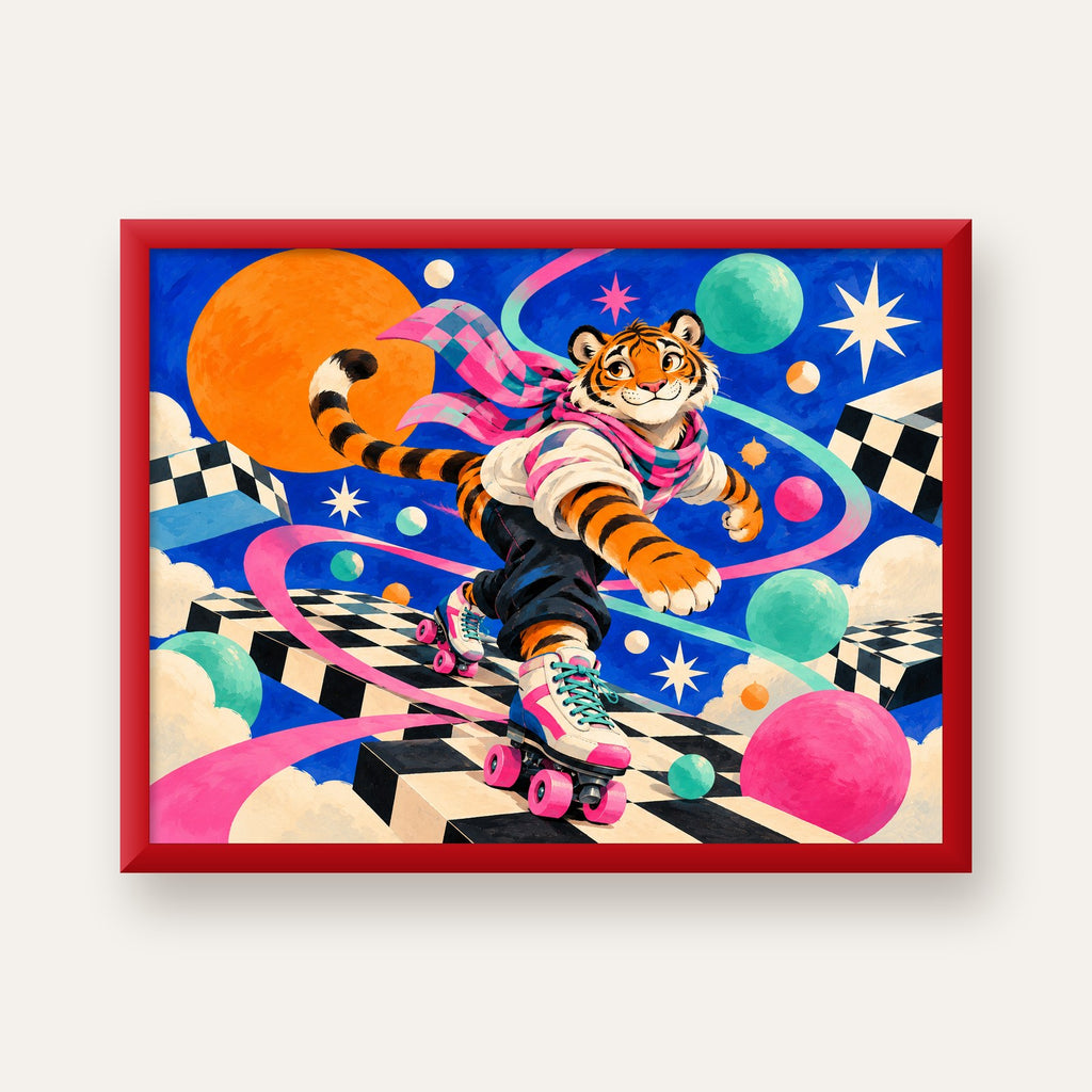 Retro Desenli Patenli Tiger Poster – Renkli Çizgi Film Stili — kırmızı çerçeveli