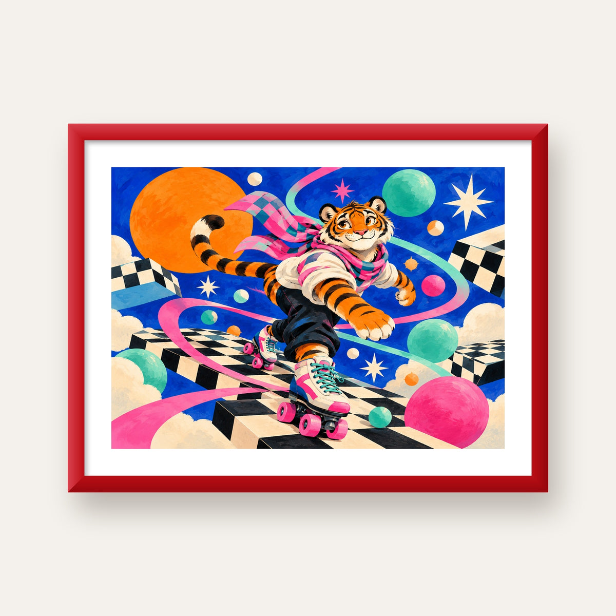 Retro Desenli Patenli Tiger Poster – Renkli Çizgi Film Stili — kırmızı çerçeveli paspartulu