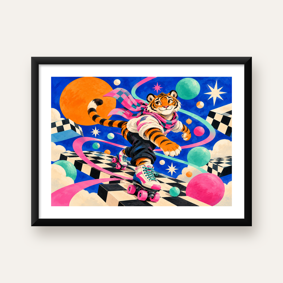 Retro Desenli Patenli Tiger Poster – Renkli Çizgi Film Stili — Yatay baskı, beyaz paspartulu