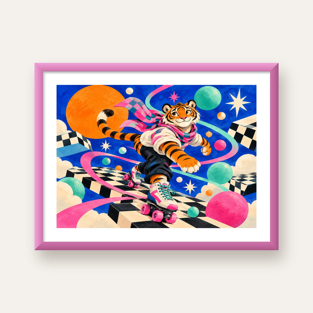 Retro Desenli Patenli Tiger Poster – Renkli Çizgi Film Stili — pembe çerçeveli paspartulu
