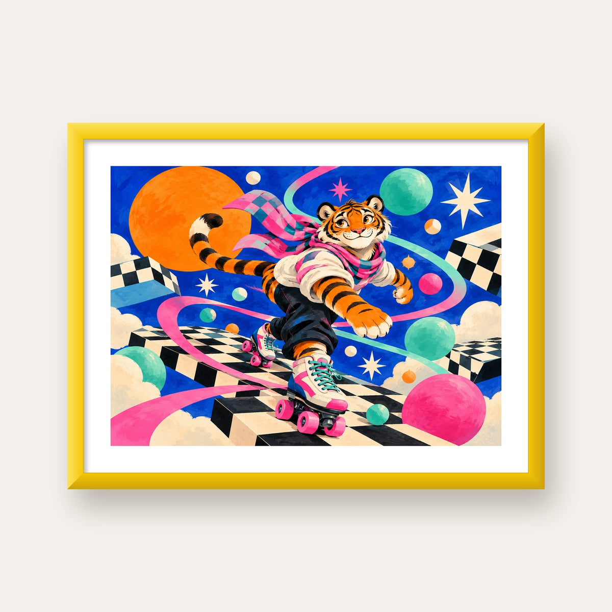 Retro Desenli Patenli Tiger Poster – Renkli Çizgi Film Stili — sarı çerçeveli paspartulu