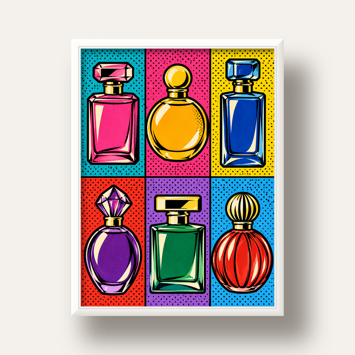Pop Art Parfüm Şişeleri Poster – Renkli Duvar Dekoru — beyaz derin çerçeveli