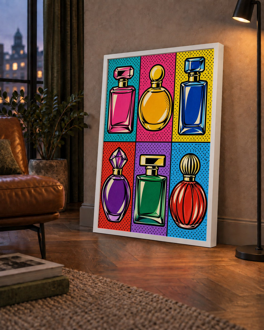 Pop Art Parfüm Şişeleri Poster – Renkli Duvar Dekoru — çerçeveli hâliyle bir ev duvarında