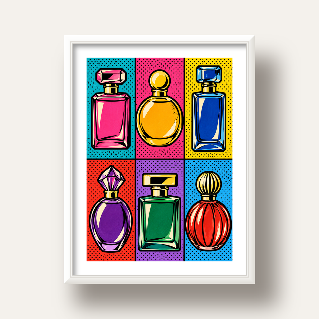 Pop Art Parfüm Şişeleri Poster – Renkli Duvar Dekoru — beyaz derin çerçeveli paspartulu