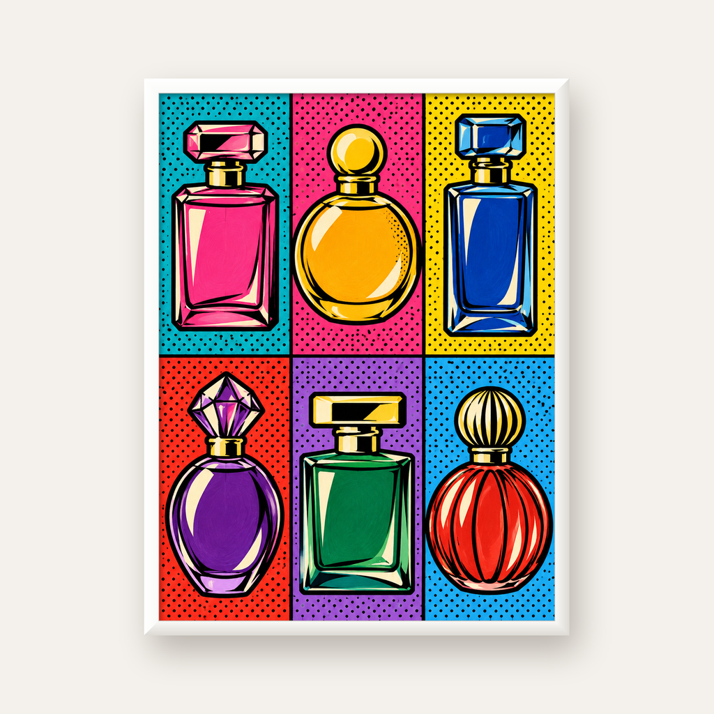 Pop Art Parfüm Şişeleri Poster – Renkli Duvar Dekoru — beyaz çerçeveli dikey poster