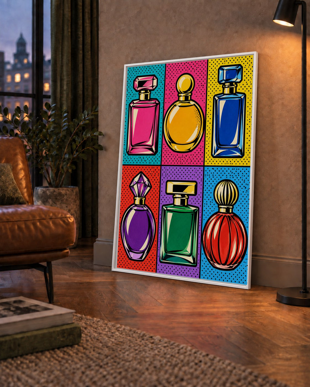 Pop Art Parfüm Şişeleri Poster – Renkli Duvar Dekoru — çerçeveli hâliyle bir ev duvarında