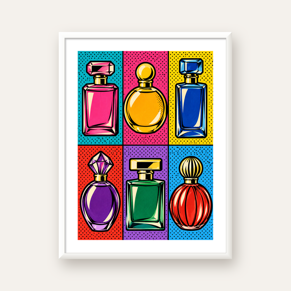 Pop Art Parfüm Şişeleri Poster – Renkli Duvar Dekoru — beyaz çerçeveli dikey poster