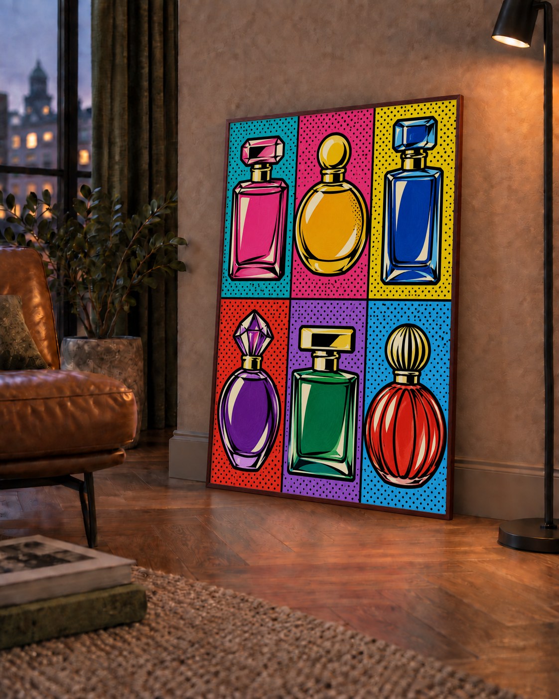 Pop Art Parfüm Şişeleri Poster – Renkli Duvar Dekoru — çerçeveli hâliyle bir ev duvarında