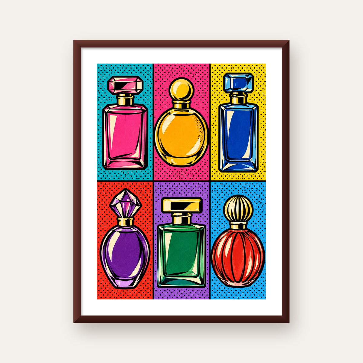 Pop Art Parfüm Şişeleri Poster – Renkli Duvar Dekoru — ceviz çerçeveli paspartulu