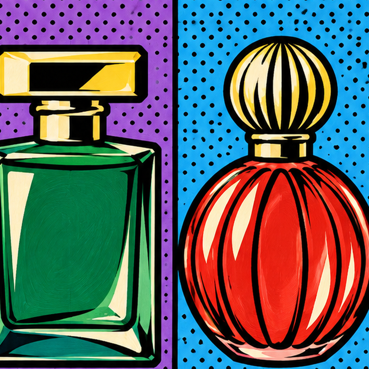 Pop Art Parfüm Şişeleri Poster – Renkli Duvar Dekoru — baskının yakın çekimi, kâğıt dokusu ve renk detayı