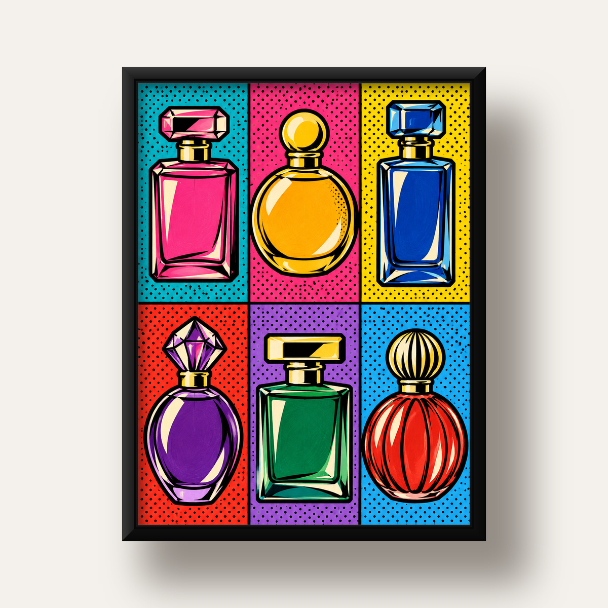 Pop Art Parfüm Şişeleri Poster – Renkli Duvar Dekoru — siyah derin çerçeveli