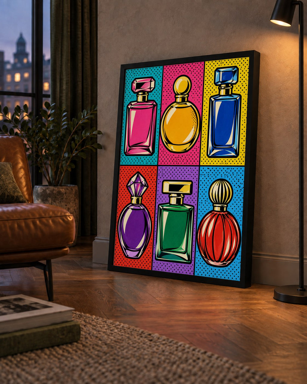 Pop Art Parfüm Şişeleri Poster – Renkli Duvar Dekoru — çerçeveli hâliyle bir ev duvarında
