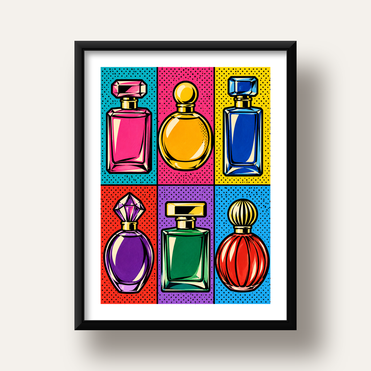 Pop Art Parfüm Şişeleri Poster – Renkli Duvar Dekoru — siyah derin çerçeveli paspartulu
