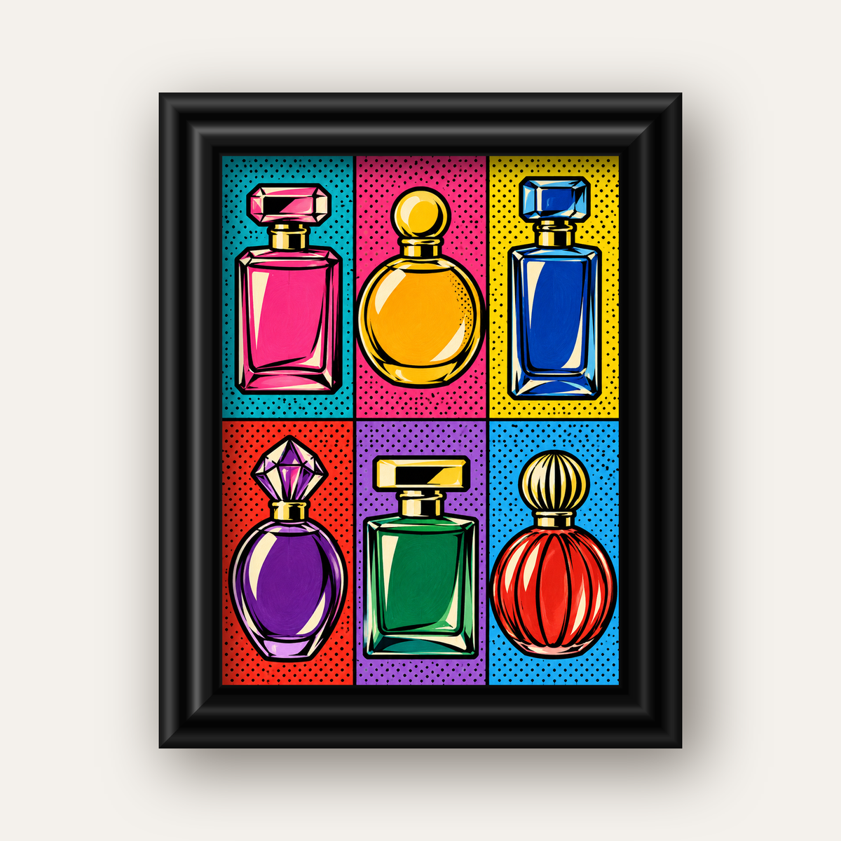 Pop Art Parfüm Şişeleri Poster – Renkli Duvar Dekoru — siyah galeri çerçeveli