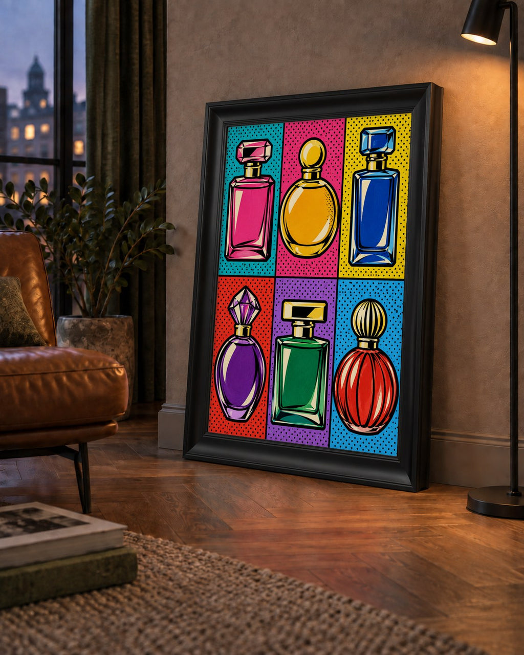Pop Art Parfüm Şişeleri Poster – Renkli Duvar Dekoru — çerçeveli hâliyle bir ev duvarında