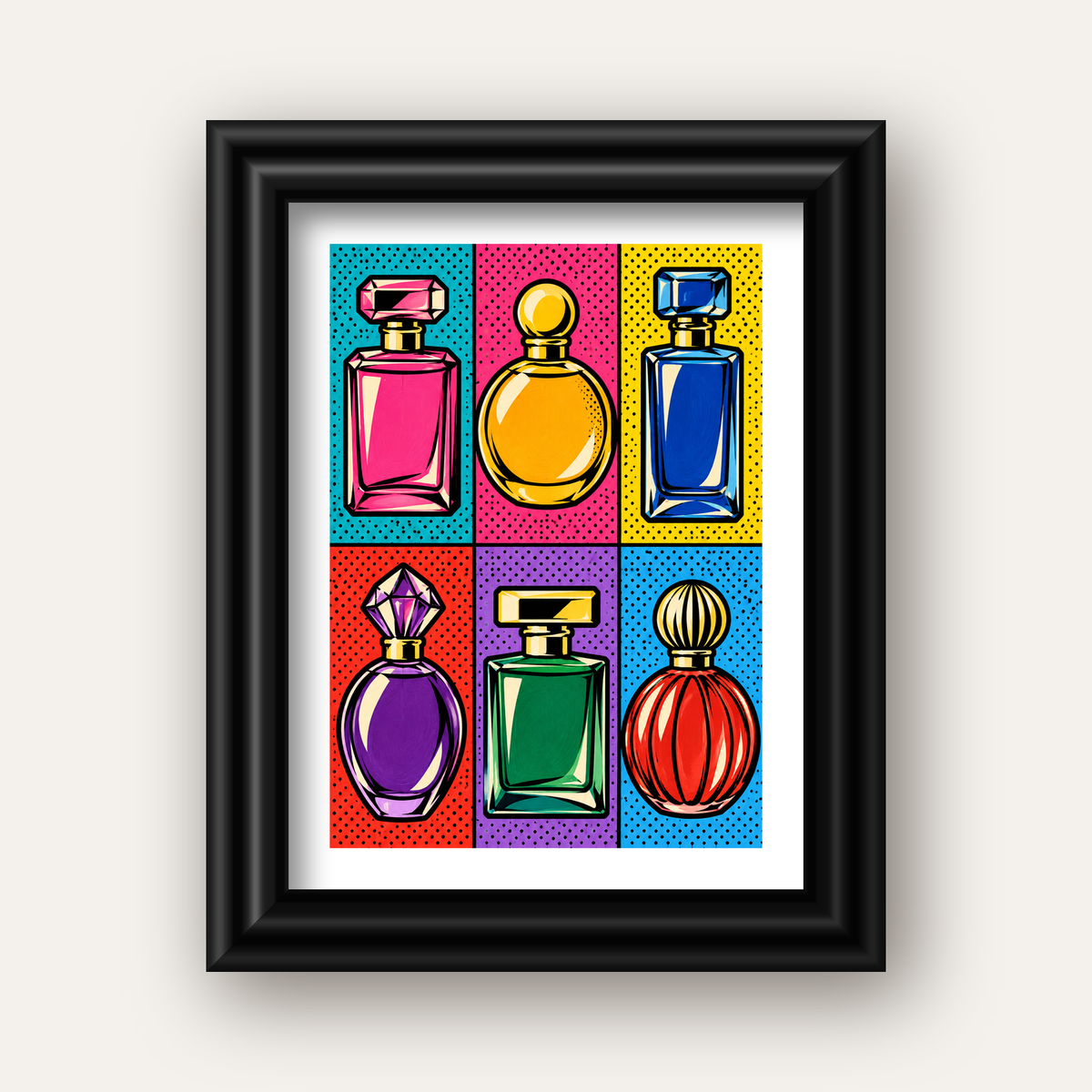 Pop Art Parfüm Şişeleri Poster – Renkli Duvar Dekoru — siyah galeri çerçeveli paspartulu