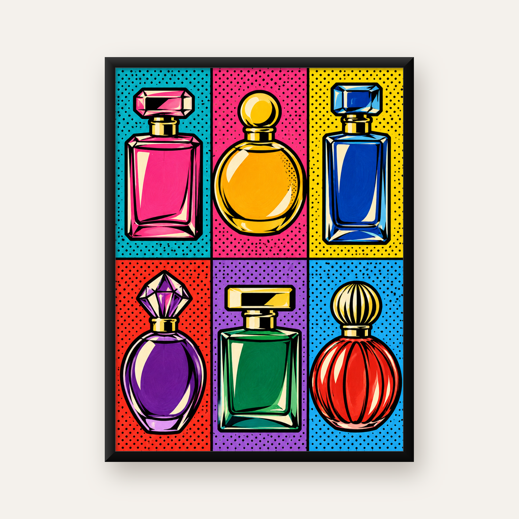 Pop Art Parfüm Şişeleri Poster – Renkli Duvar Dekoru — Dikey baskı, düz siyah çerçeveli duvar posteri