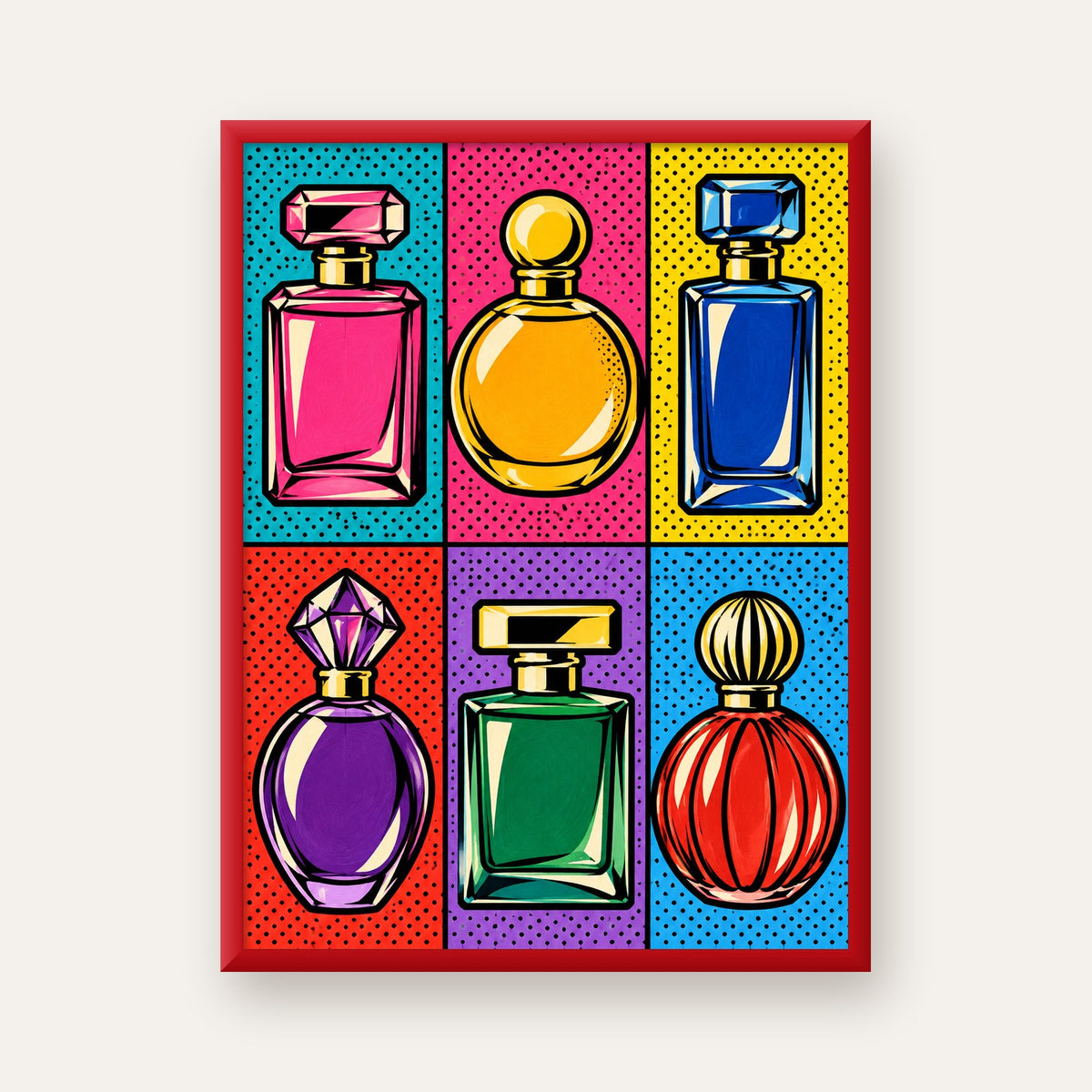 Pop Art Parfüm Şişeleri Poster – Renkli Duvar Dekoru — kırmızı çerçeveli