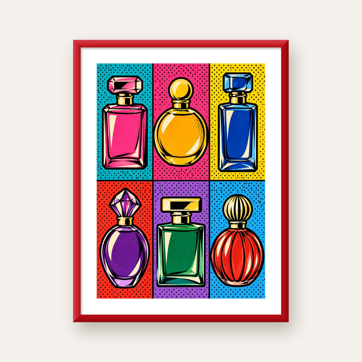 Pop Art Parfüm Şişeleri Poster – Renkli Duvar Dekoru — kırmızı çerçeveli paspartulu
