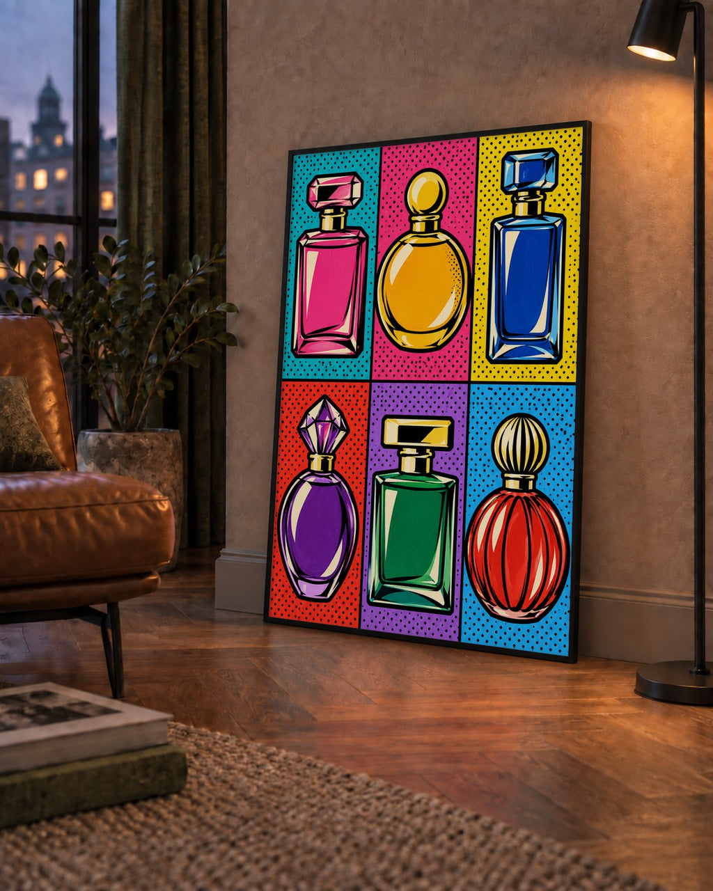 Pop Art Parfüm Şişeleri Poster – Renkli Duvar Dekoru — çerçeveli hâliyle bir ev duvarında